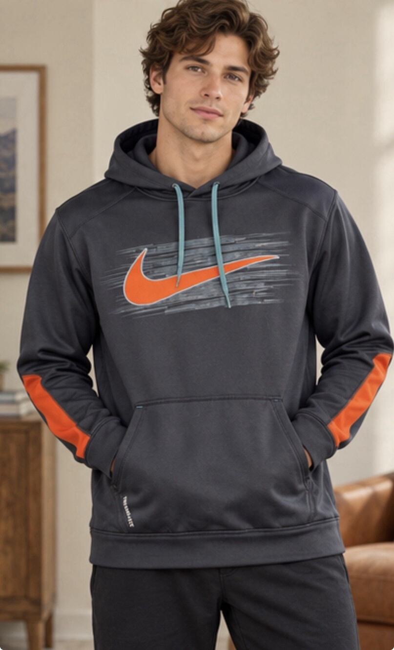 Nike Therma-FIT Men’s Hoodie Size Large Gray Orange Big Swoosh Pullover